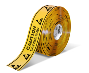CAUTION STATIC SENSITIVE AREA Mighty Line Repeating Message Floor Tape, 3" Wide, 100' Long Rolls