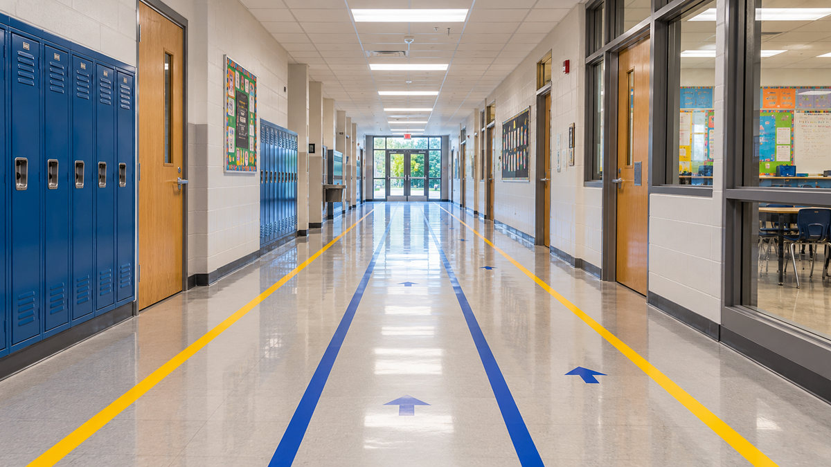 Clean, brightly lit school hallway with blue and yellow floor marking tape defining pedestrian walkways, directional arrows, and organized pathways between classrooms and lockers.