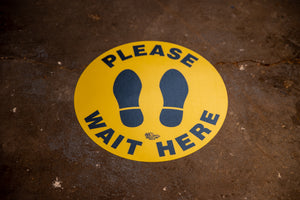 Please Wait Here Social Distancing Floor Sign, Peel and Stick 12 inch Wide, Yellow