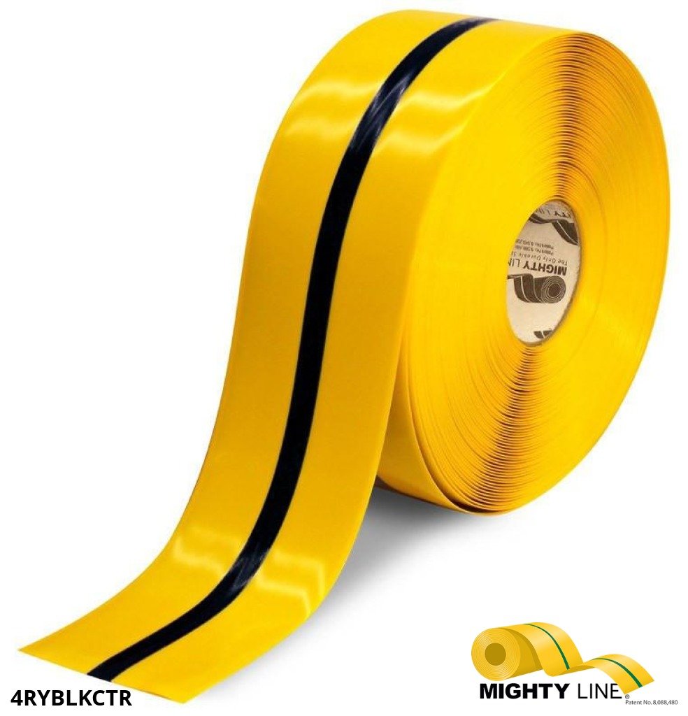 Black and Yellow Center Line Floor Tape – 100’ Roll – 4 Inch Wide